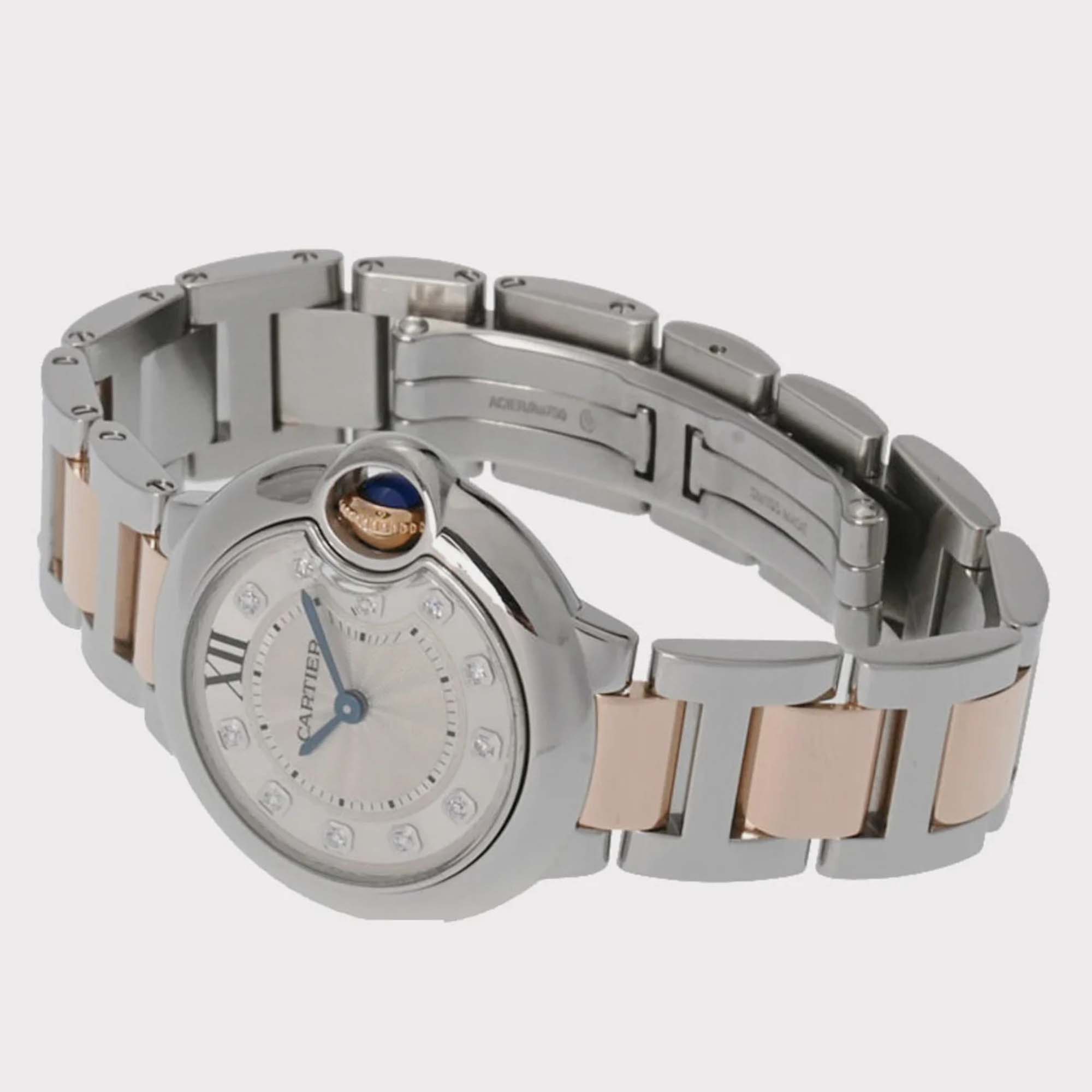 

Cartier Silver Diamond 18k Rose Gold And Stainless Steel Ballon Bleu WE902030 Automatic Women's Wristwatch 28 mm