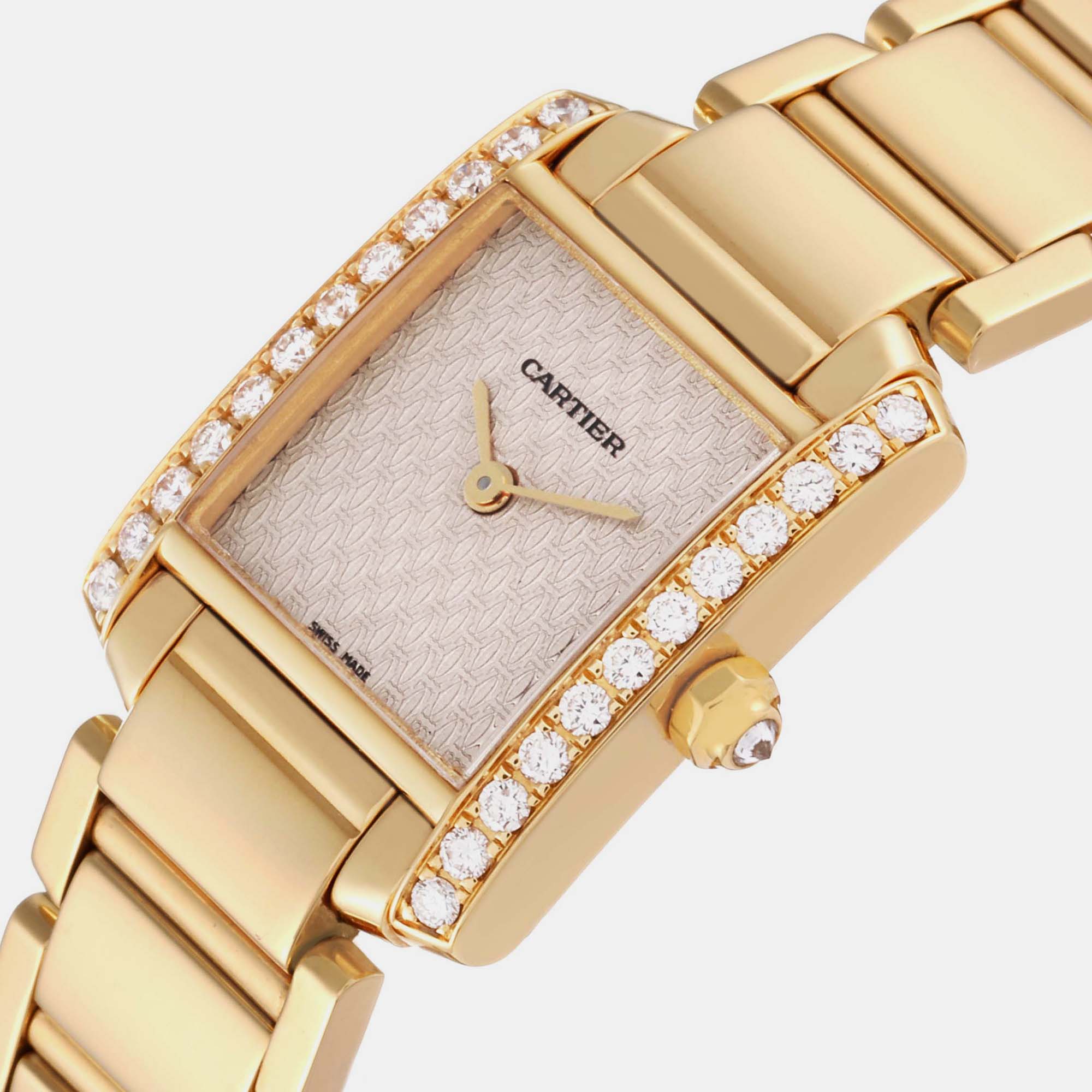 

Cartier Tank Francaise Yellow Gold Rose Dial Diamond Ladies Watch WE1021R8 20 x 25 mm, Pink