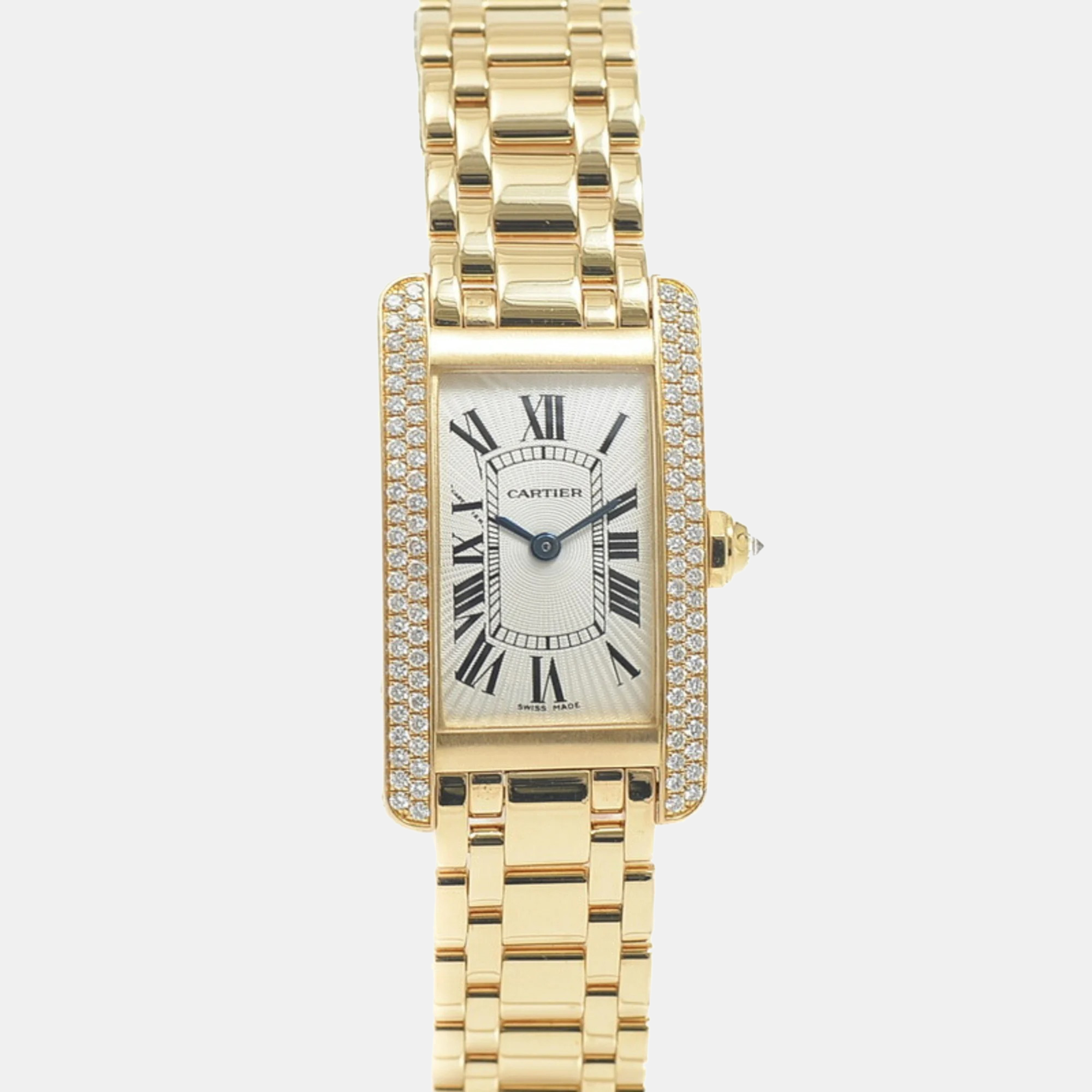 

Cartier Silver Diamond 18k Yellow Gold Tank Americaine WB7012K2 Quartz Women's Wristwatch 19 mm