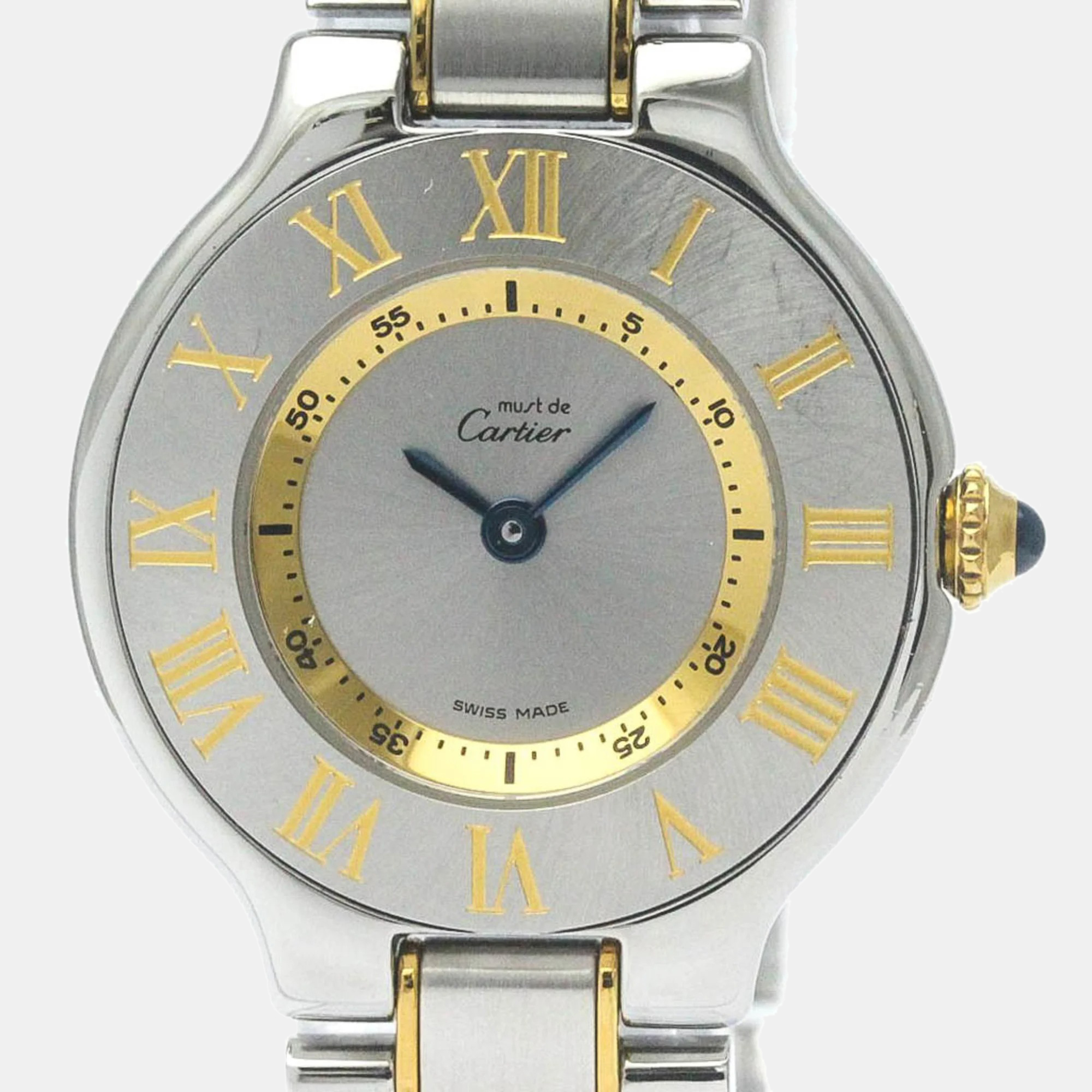 Pre Owned Cartier Silver Yellow Gold Plated Stainless Steel Must 21 de Cartier W10073R6 Quartz Women's Wristwatch 28 mm