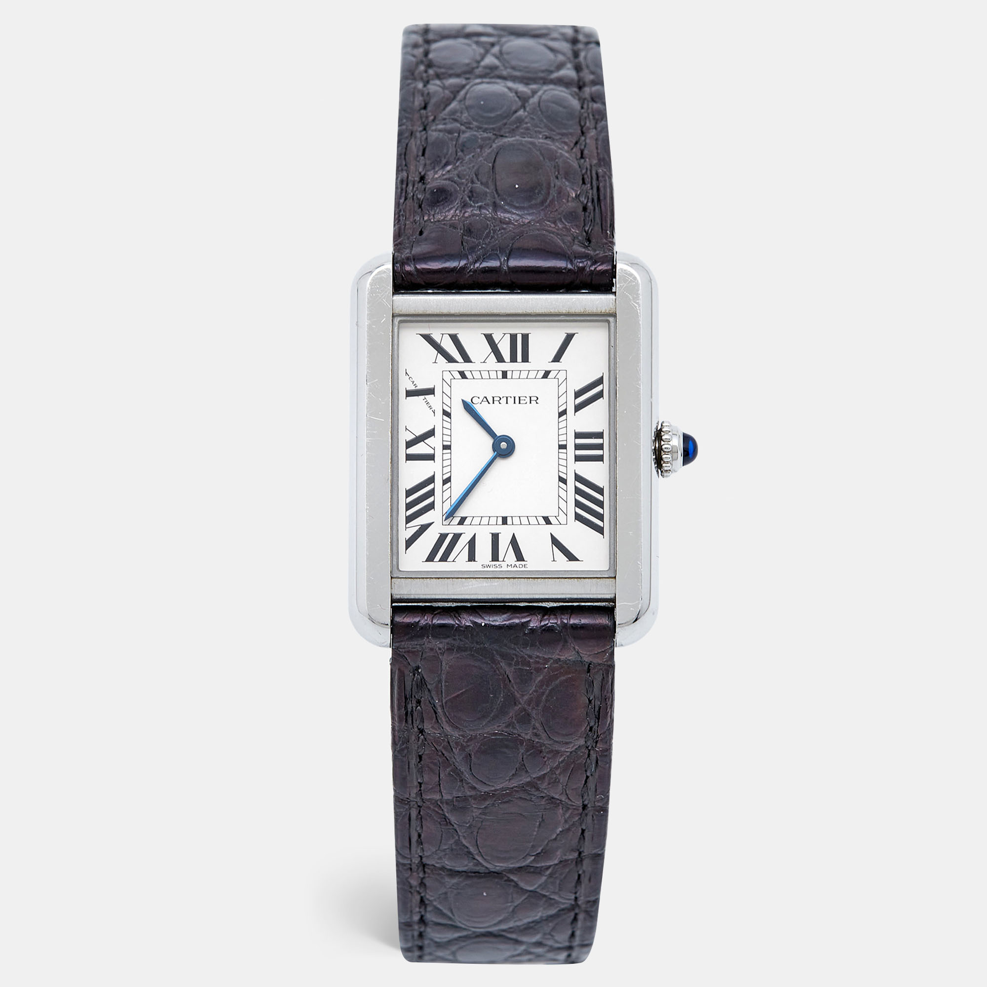 مملوكة مسبقًا ساعة يد نسائية كارتييه تانك سولو 3170 ستانلس ستيل جلد تمساح فضية 24 مم