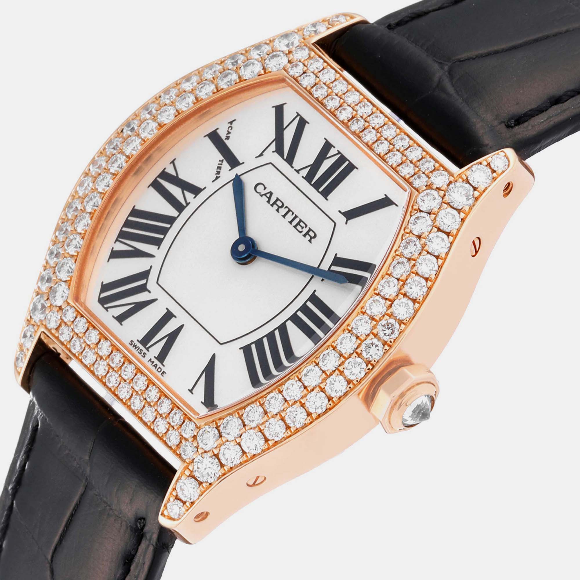 

Cartier Tortue Rose Gold Diamond Bezel Ladies Watch WA503751 34 x 28 mm, Silver