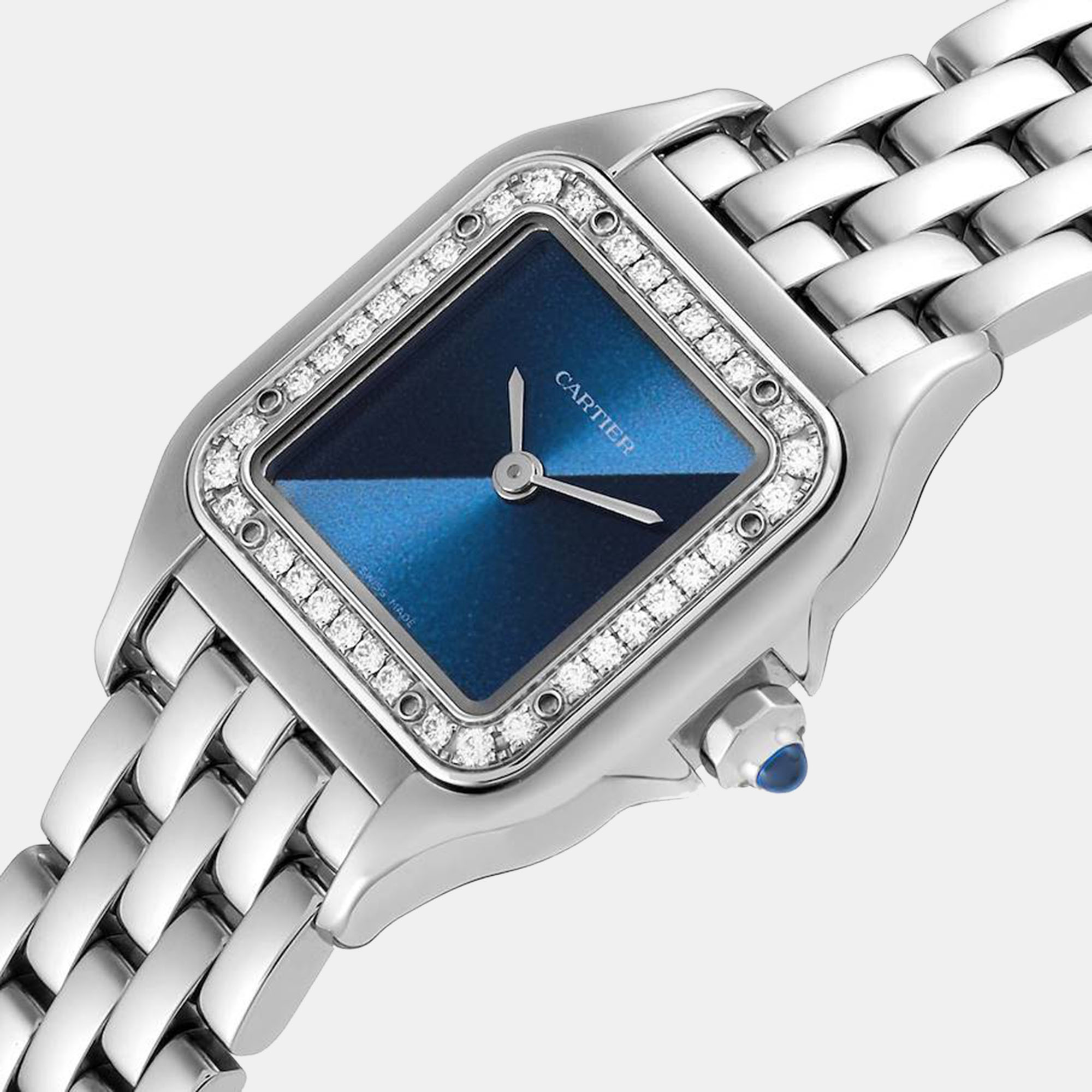 

Cartier Panthere Small Steel Diamond Bezel Ladies Watch W4PN0013 Unworn 30.3 mm x 22.0 mm, Blue