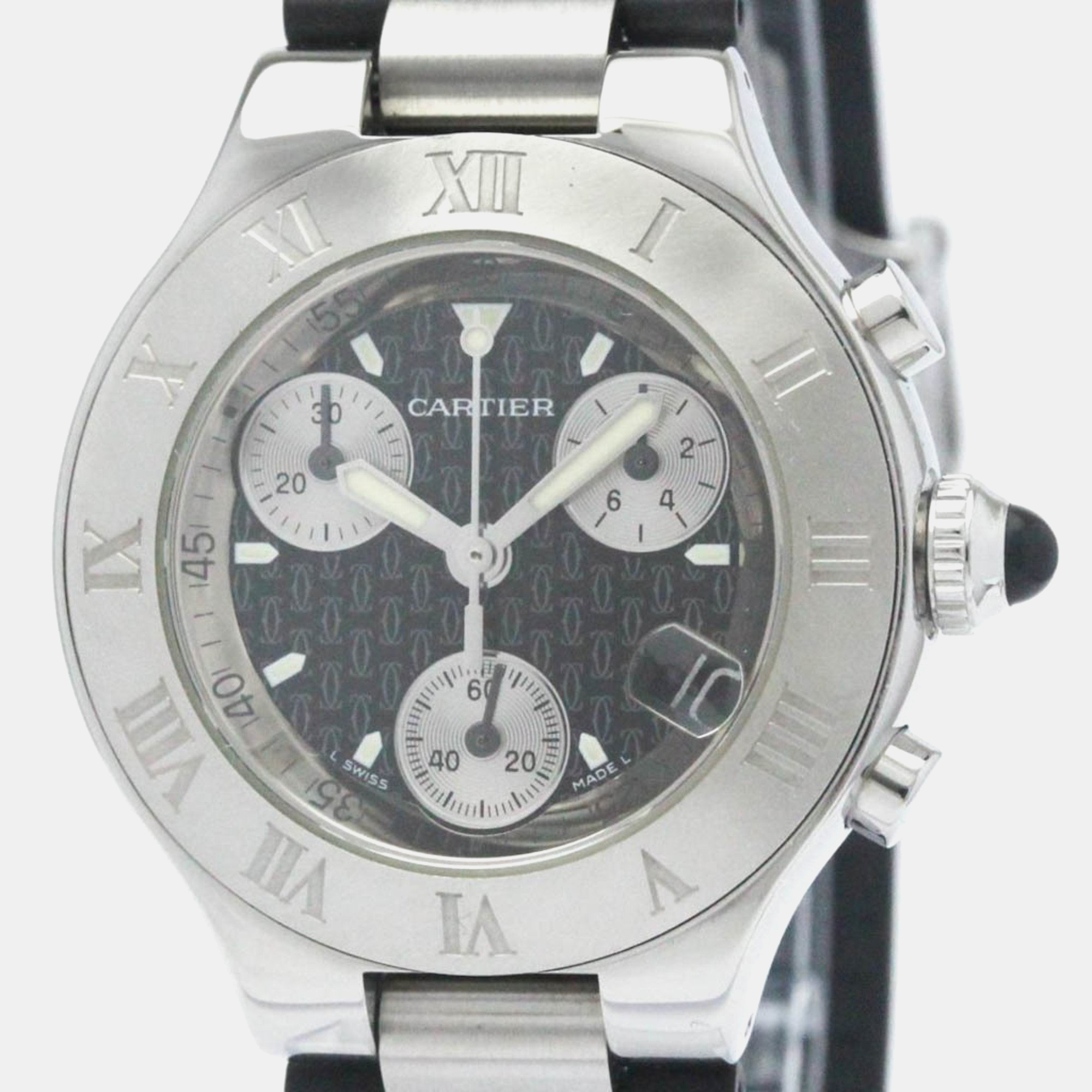 Pre-owned Cartier Black Stainless Steel Chronoscaph Quartz Women's Wristwatch 32 Mm