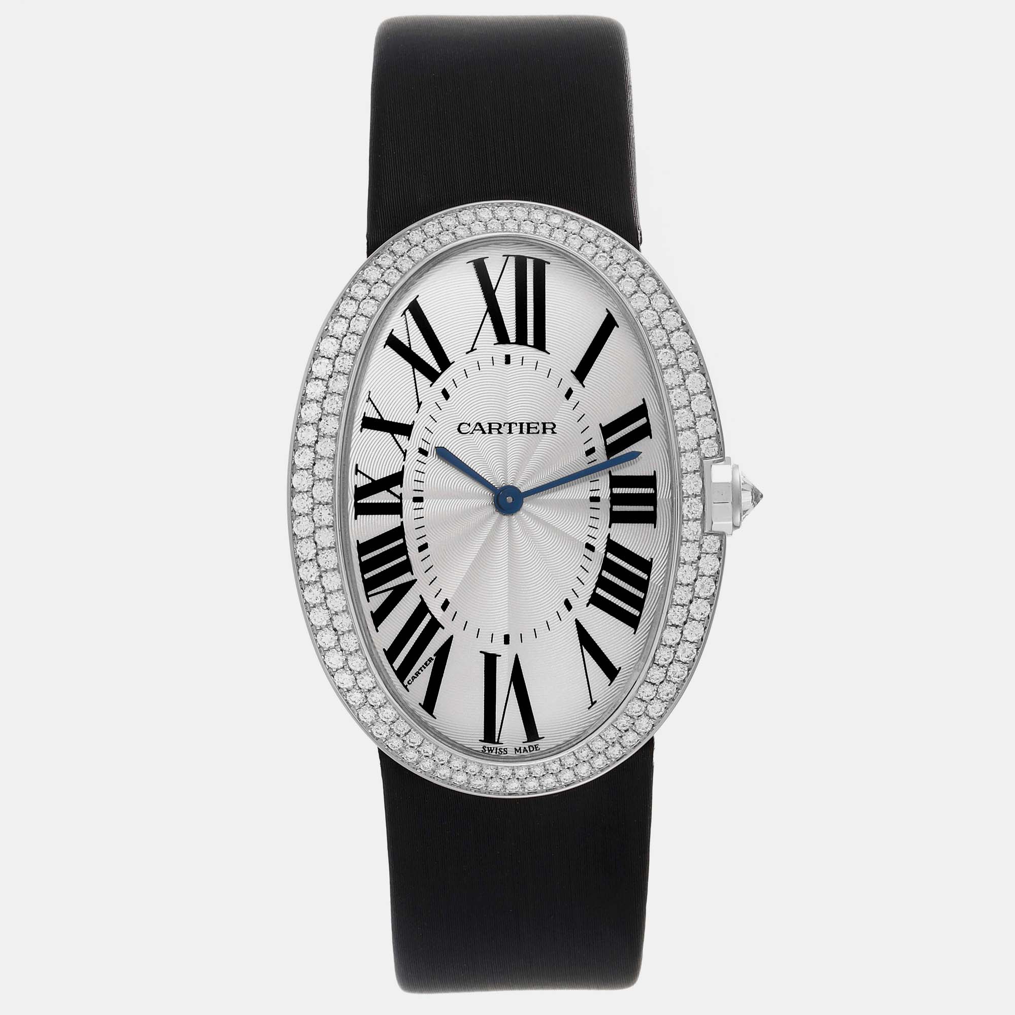 Pre-owned Cartier Baignoire Large White Gold Diamond Ladies Watch 34 Mm In Silver