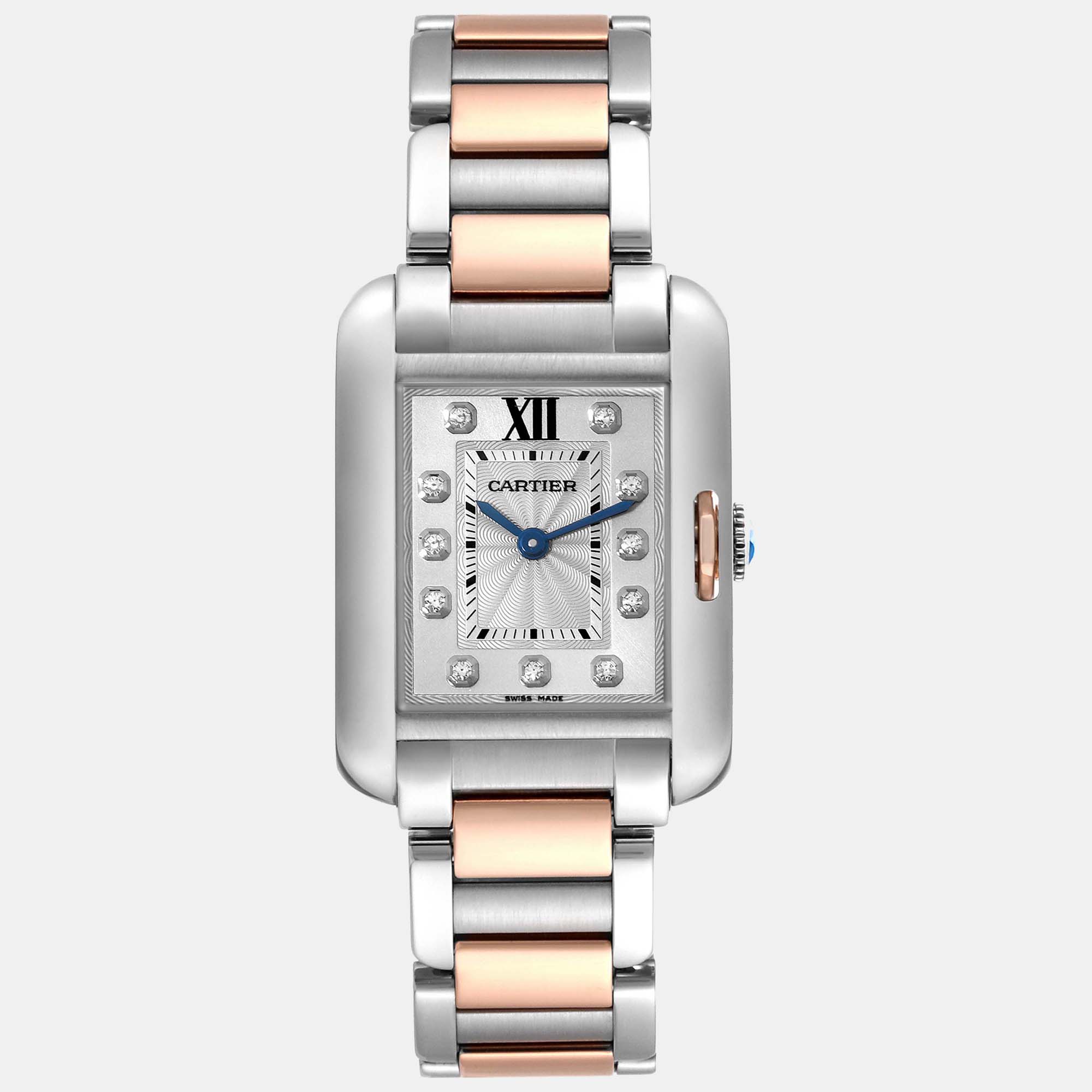 Pre-owned Cartier Tank Anglaise Small Steel Rose Gold Diamond Dial Ladies Watch 22 Mm In Silver
