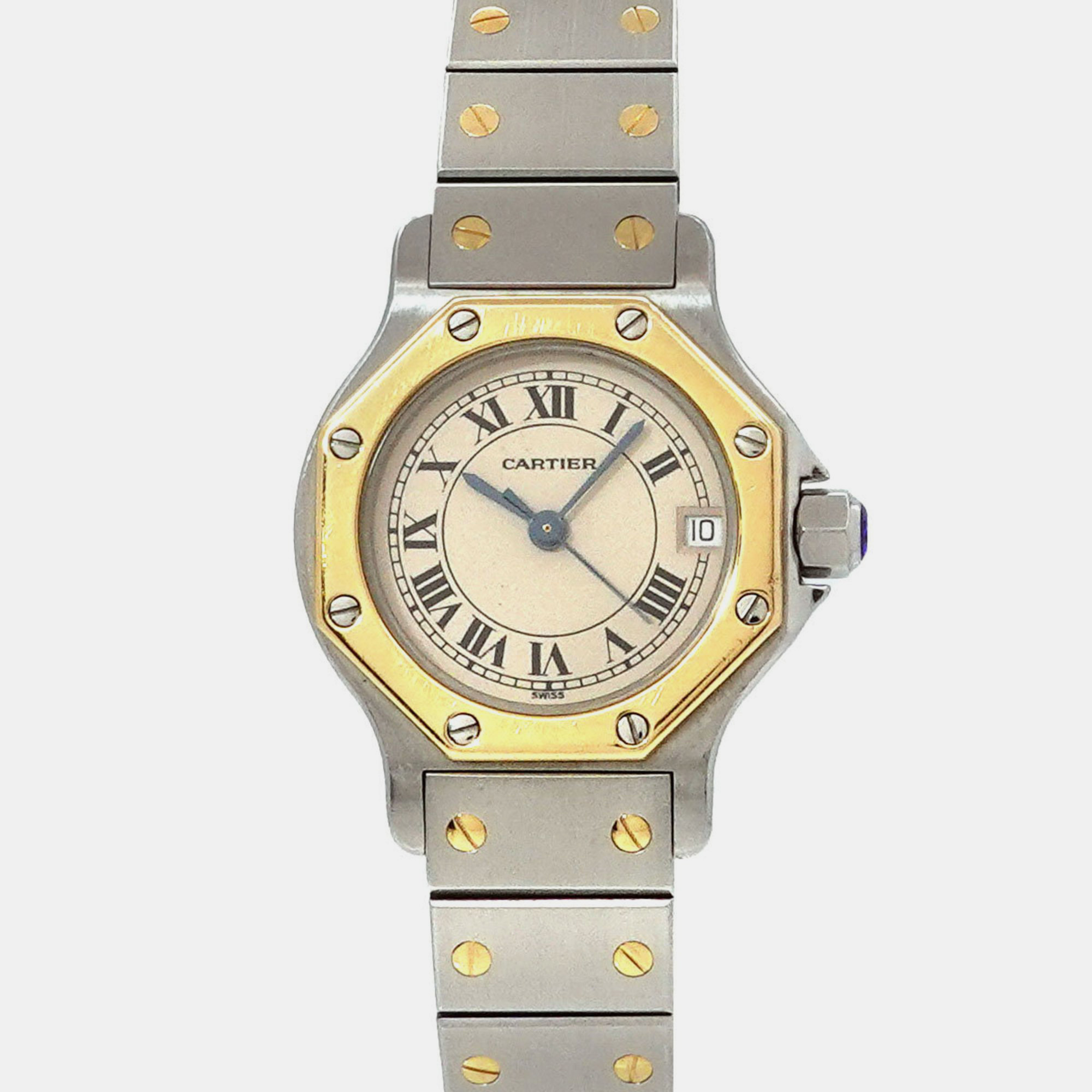 Pre-owned Cartier Ivory 18k Yellow Gold And Stainless Steel Santos Octagon Women Wristwatch 24mm