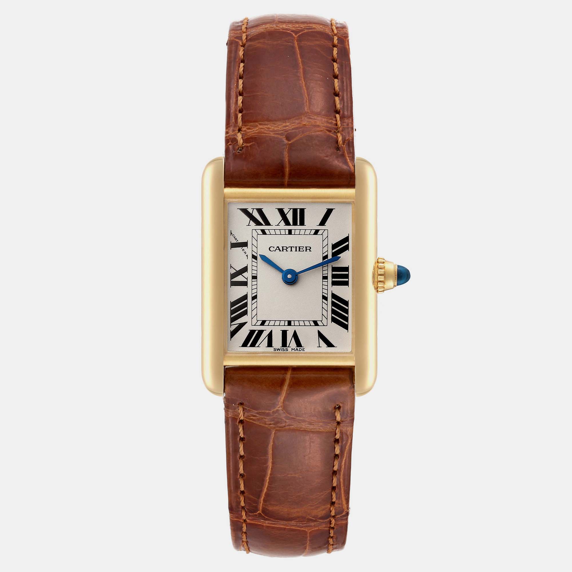 

Cartier Tank Louis Small Yellow Gold Brown Strap Ladies Watch 22 mm, Silver