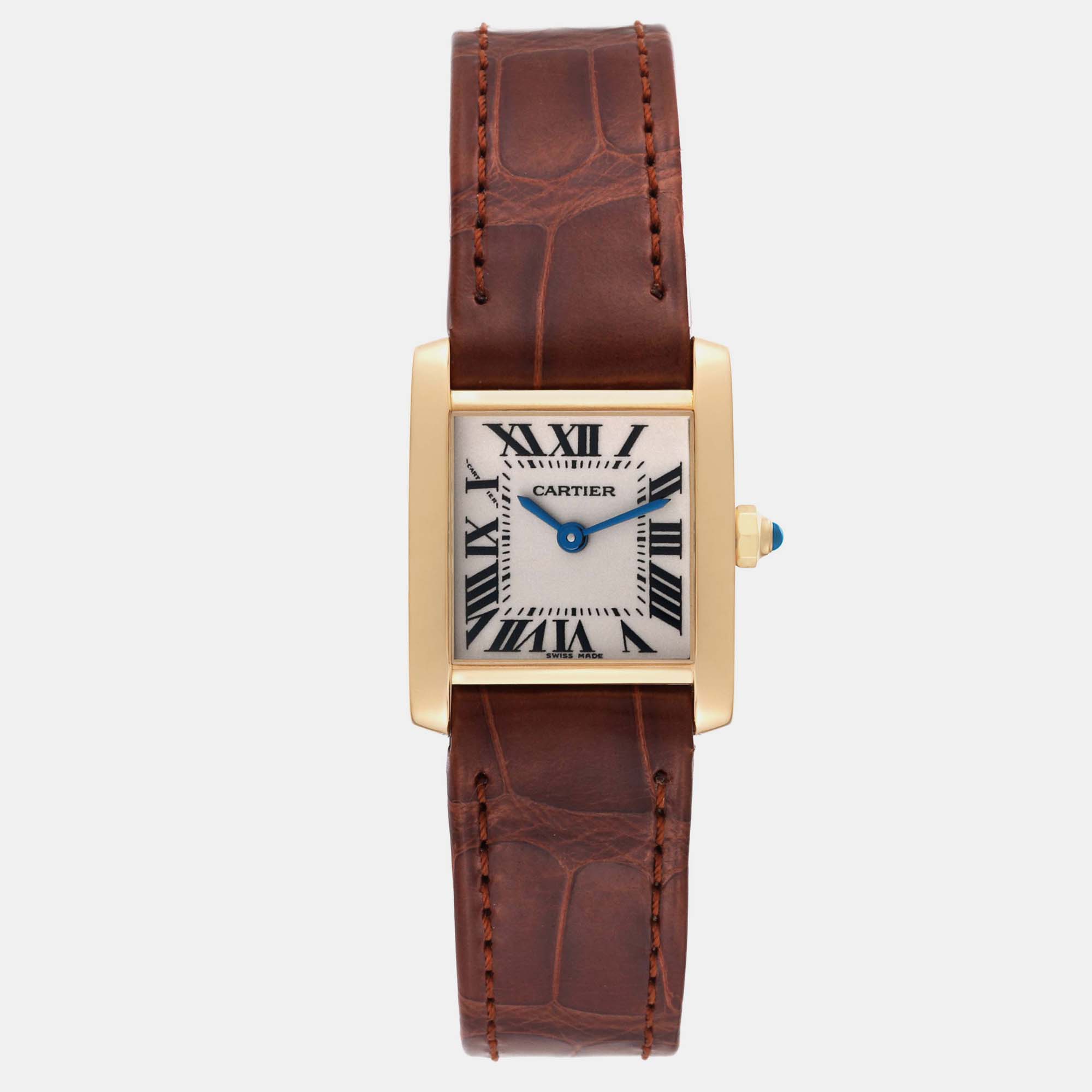

Cartier Tank Francaise Yellow Gold Brown Strap Ladies Watch 20 mm, Silver