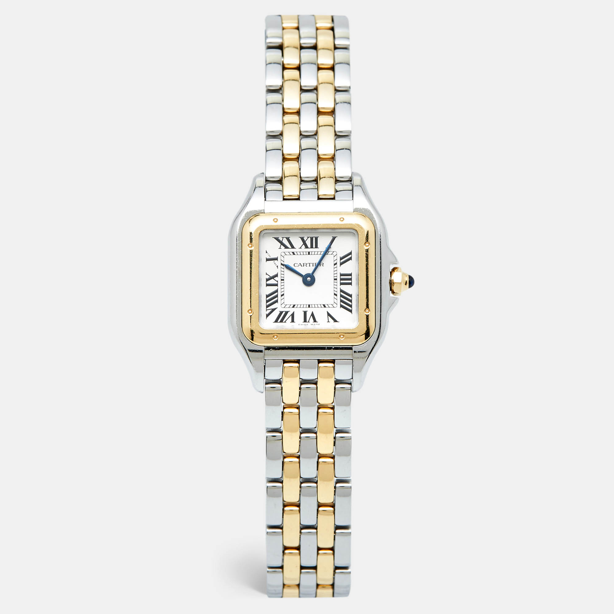 This Panthère de Cartier from Cartier is a creation worthy of being yours. As a true style icon It has a grand fusion of elegance with contemporary charm in every detail from the square case to the concealed clasp. Using stainless steel and 18k yellow gold Cartier sculpted out the watch and had the case held by a chain link bracelet. The case is fitted with a silver dial featuring Roman numeral hour markers and two blue hands. This Quartz timepiece is a symbol of ageless beauty