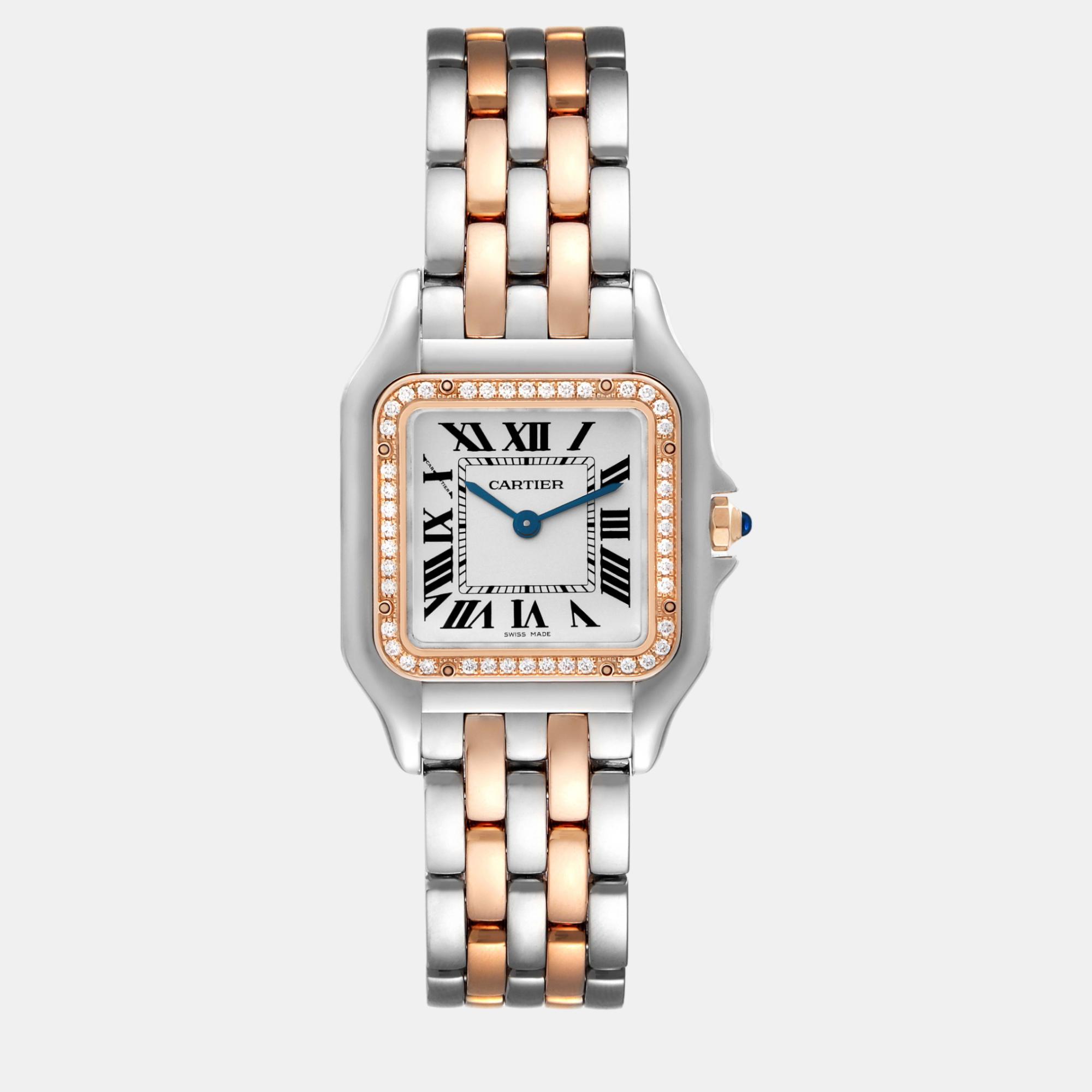 Pre-owned Cartier Panthere Medium Steel Rose Gold Diamond Ladies Watch 29 Mm In Silver