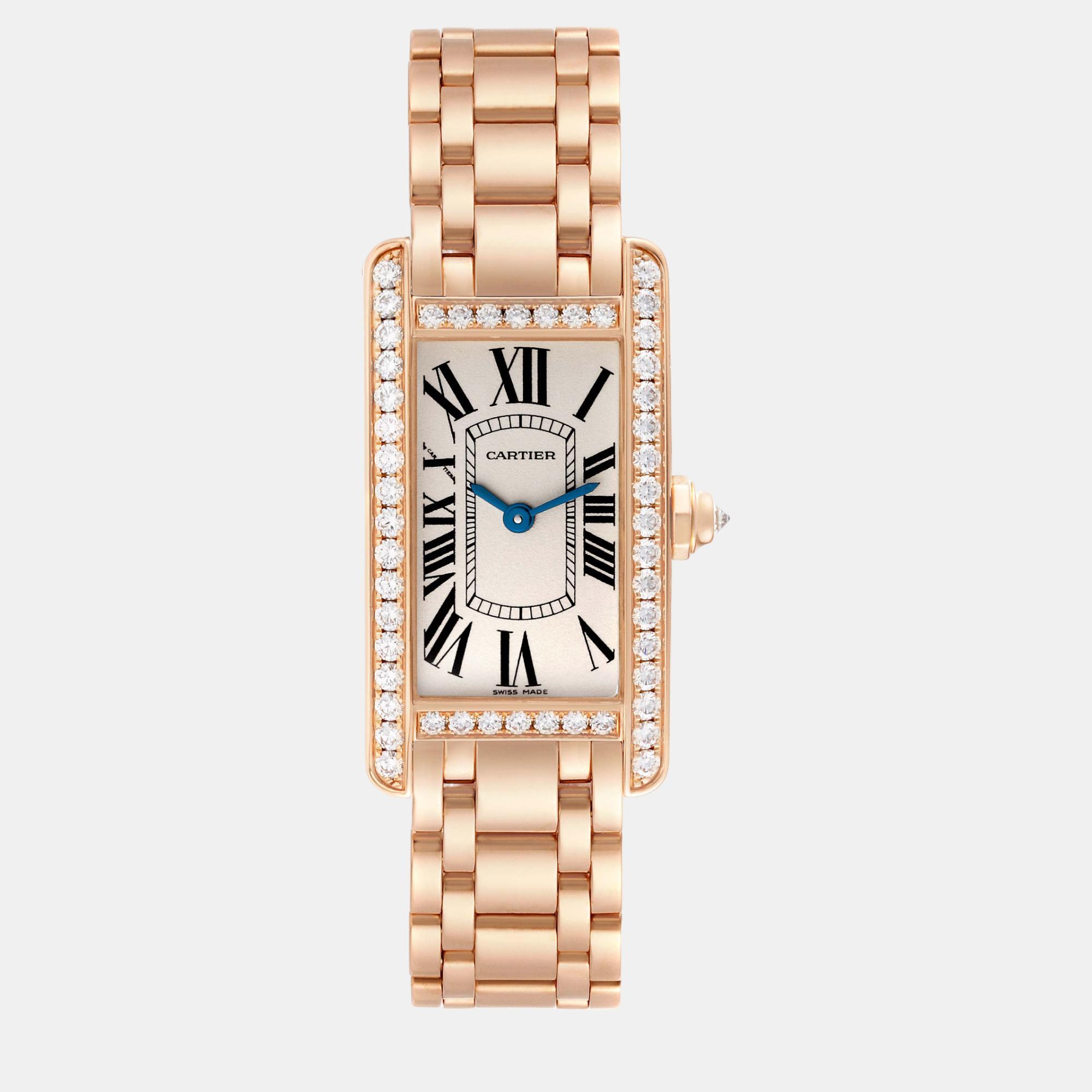 Pre-owned Cartier Tank Americaine Rose Gold Diamond Ladies Watch 19 Mm In Silver