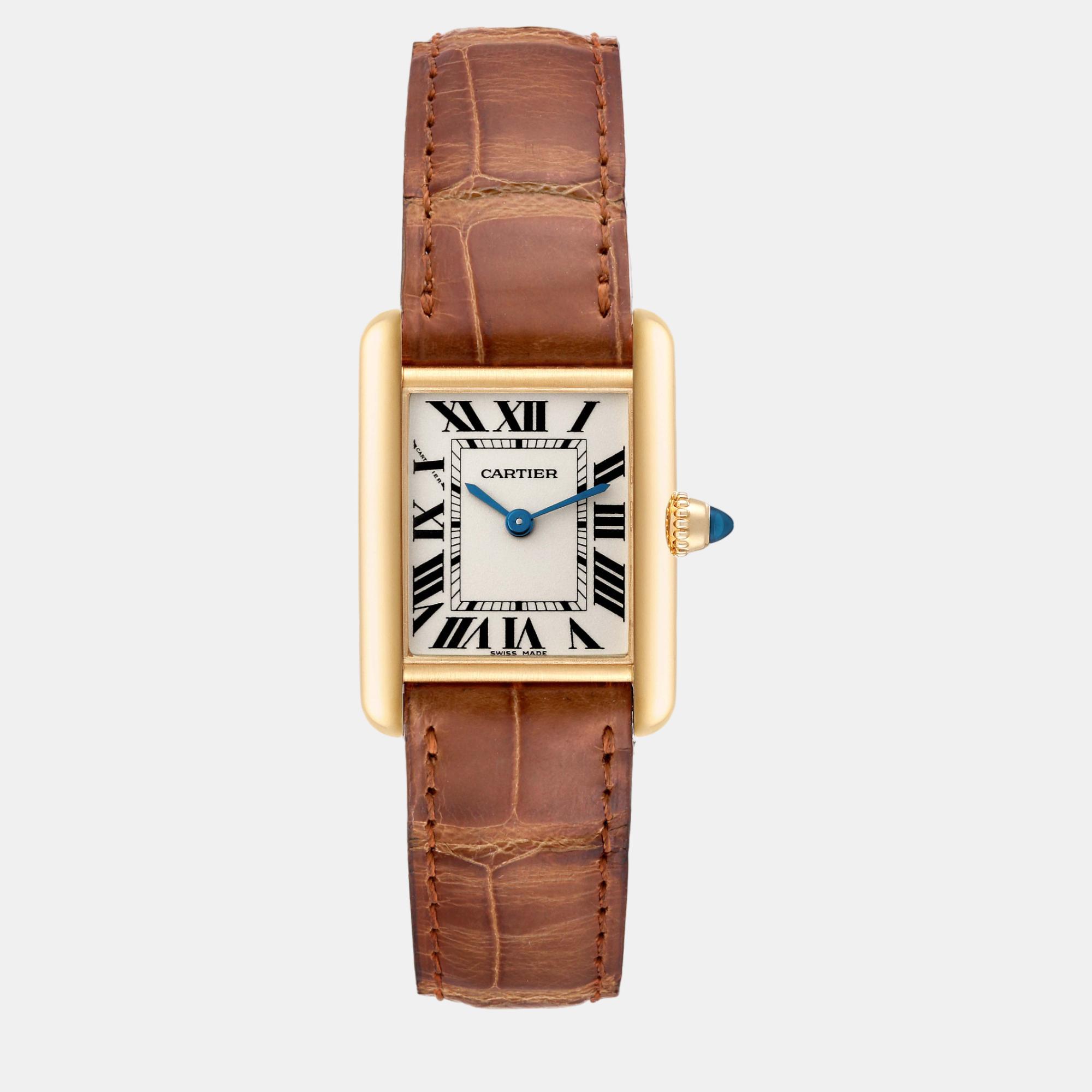 

Cartier Tank Louis Small Yellow Gold Brown Strap Ladies Watch 22 mm, Silver