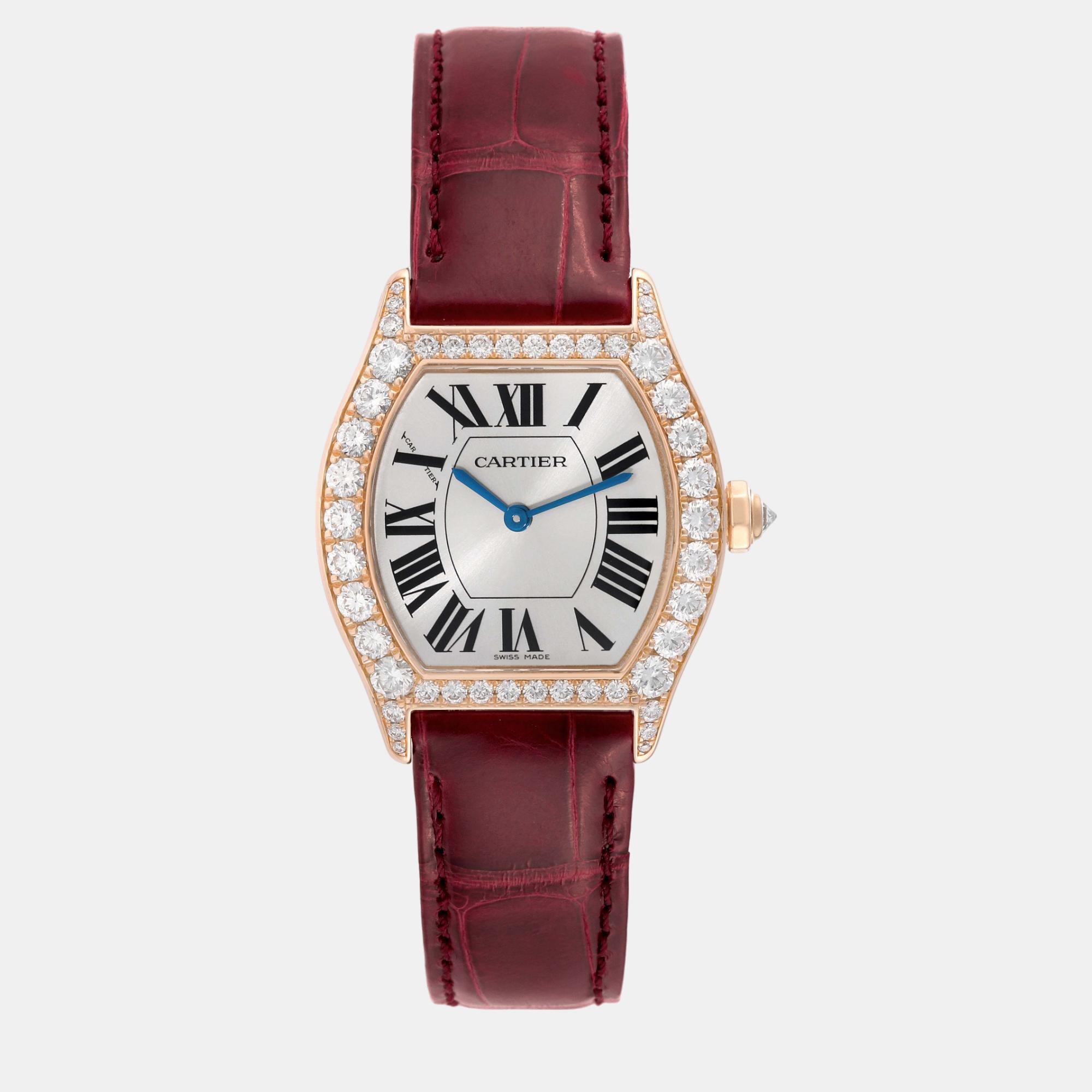 

Cartier Tortue Rose Gold Diamond Bezel Ladies Watch 28 mm, Silver