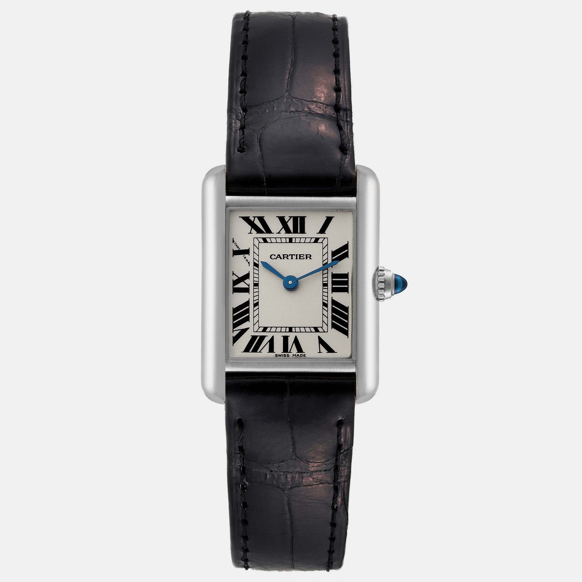 

Cartier Tank Louis White Gold Black Strap Ladies Watch 22 mm, Silver