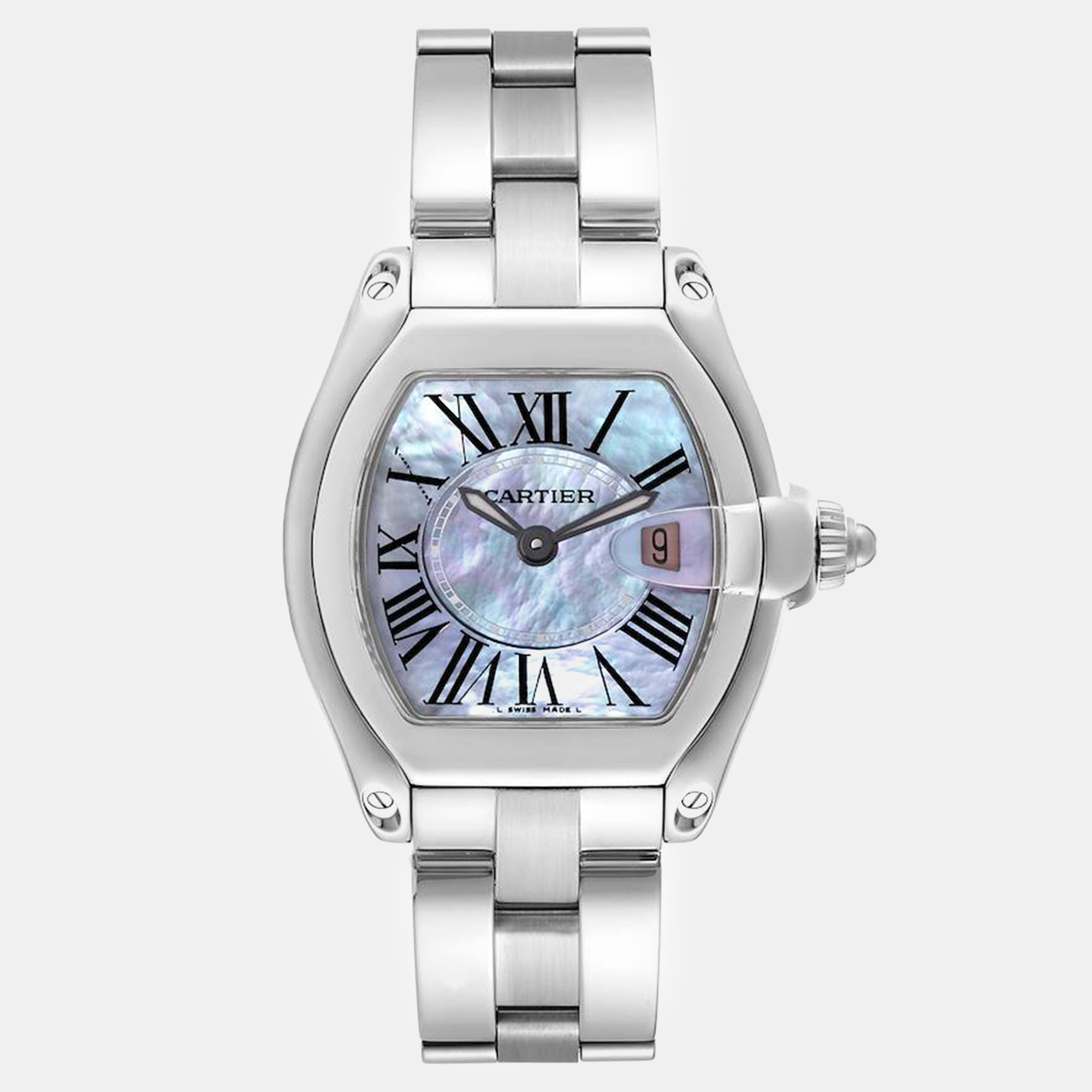 

Cartier Roadster Purple Mother of Pearl Steel Ladies Watch 30 mm, Blue