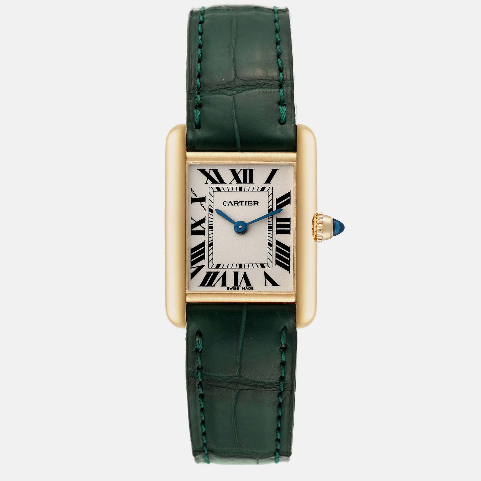 

Cartier Tank Louis Small Yellow Gold Green Strap Ladies Watch 22 mm, Silver