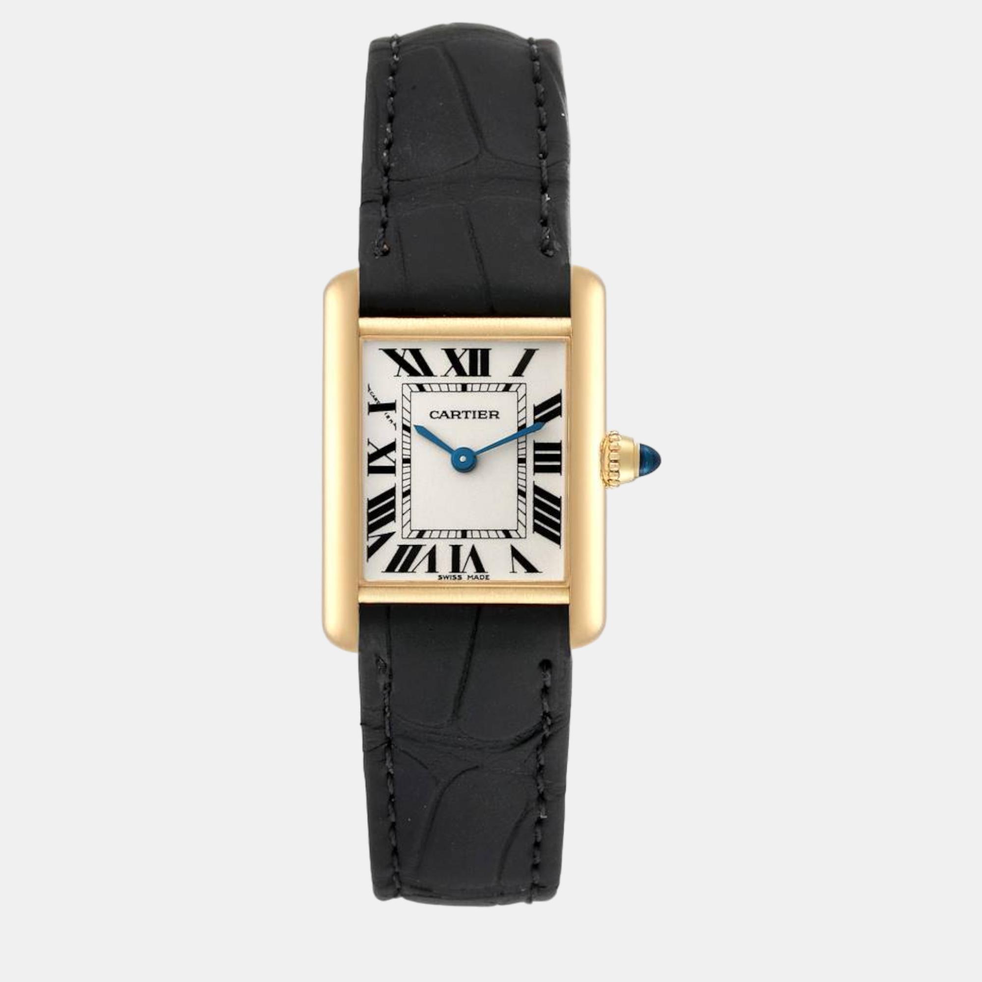 

Cartier Tank Louis Small Yellow Gold Black Strap Ladies Watch 22 mm, Silver