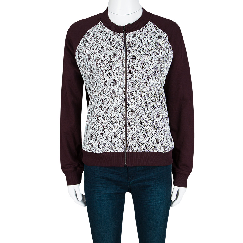 

Carven Burgundy Lace Detail Zip Front Jacket