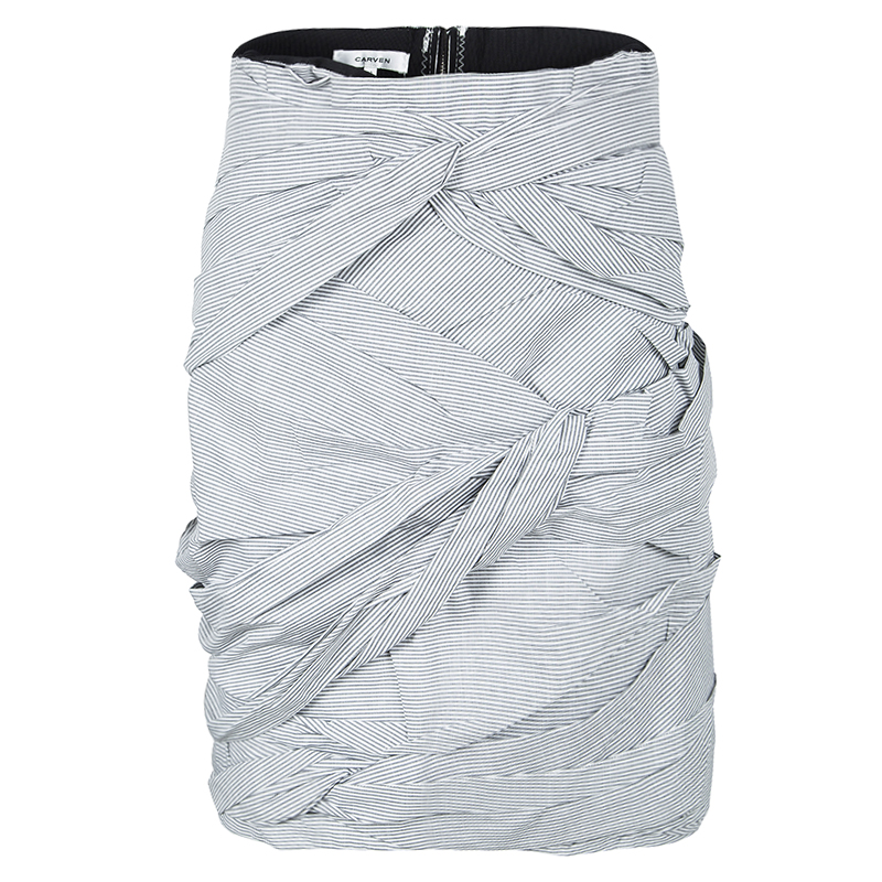 Carven Grey and White Striped Cotton Ruched Skirt L