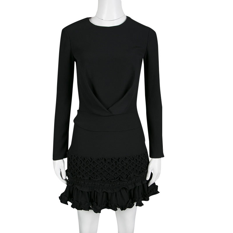 

Carven Black Moroccan Crepe Ruffled Bottom Long Sleeve Dress