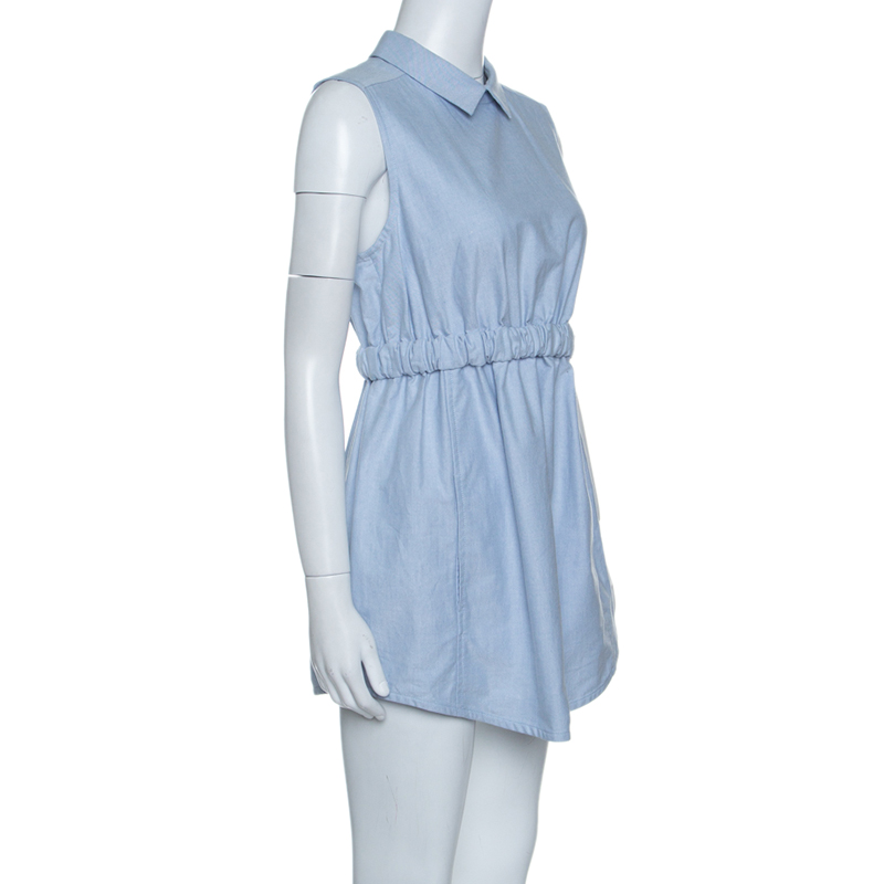 

Carven Blue Chambray Gathered Waist Sleeveless Dress