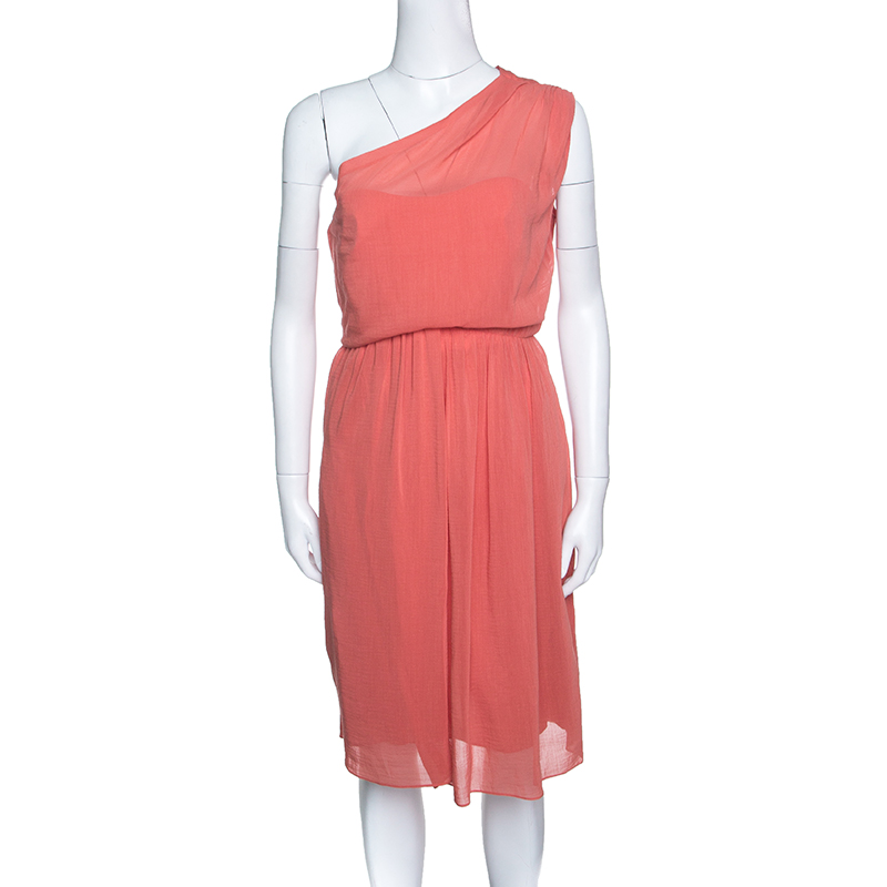 Carven Poppy Orange Crepe Gathered One Shoulder Dress M
