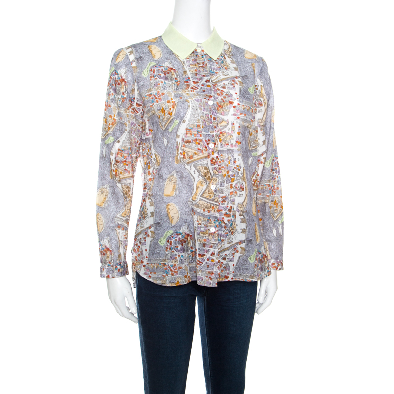 

Carven Multicolor Paris Map Print Cotton Contrast Collar Long Sleeve Shirt