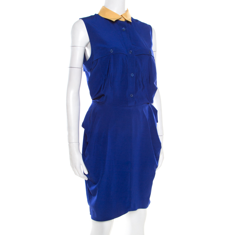 

Carven Blue Contrast Collar Front Tie Detail Sleeveless Dress