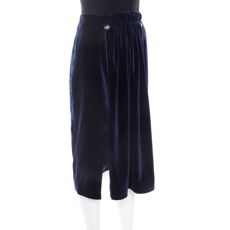 Pre-owned Carven Astral Blue Velvet Coulisse Pleated Skirt L