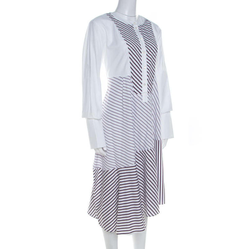 

Carven White Multi Striped Cotton Paneled Asymmetric Hem Midi Dress