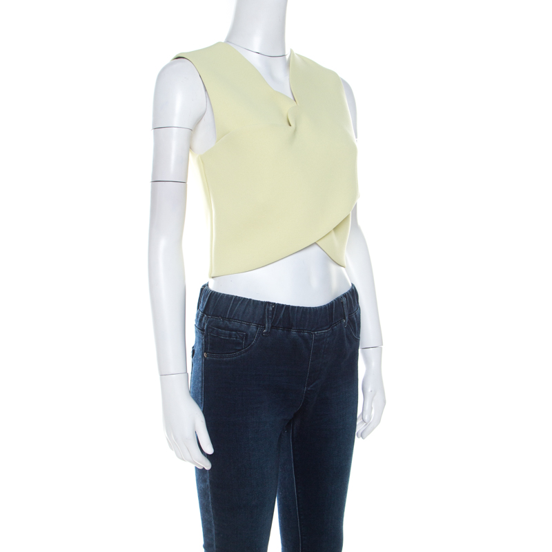 

Carven Lime Green Crepe Scalloped Cross Over Crop Top