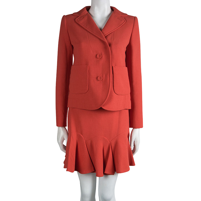 

Carven Red Textured Flared Bottom Skirt Suit