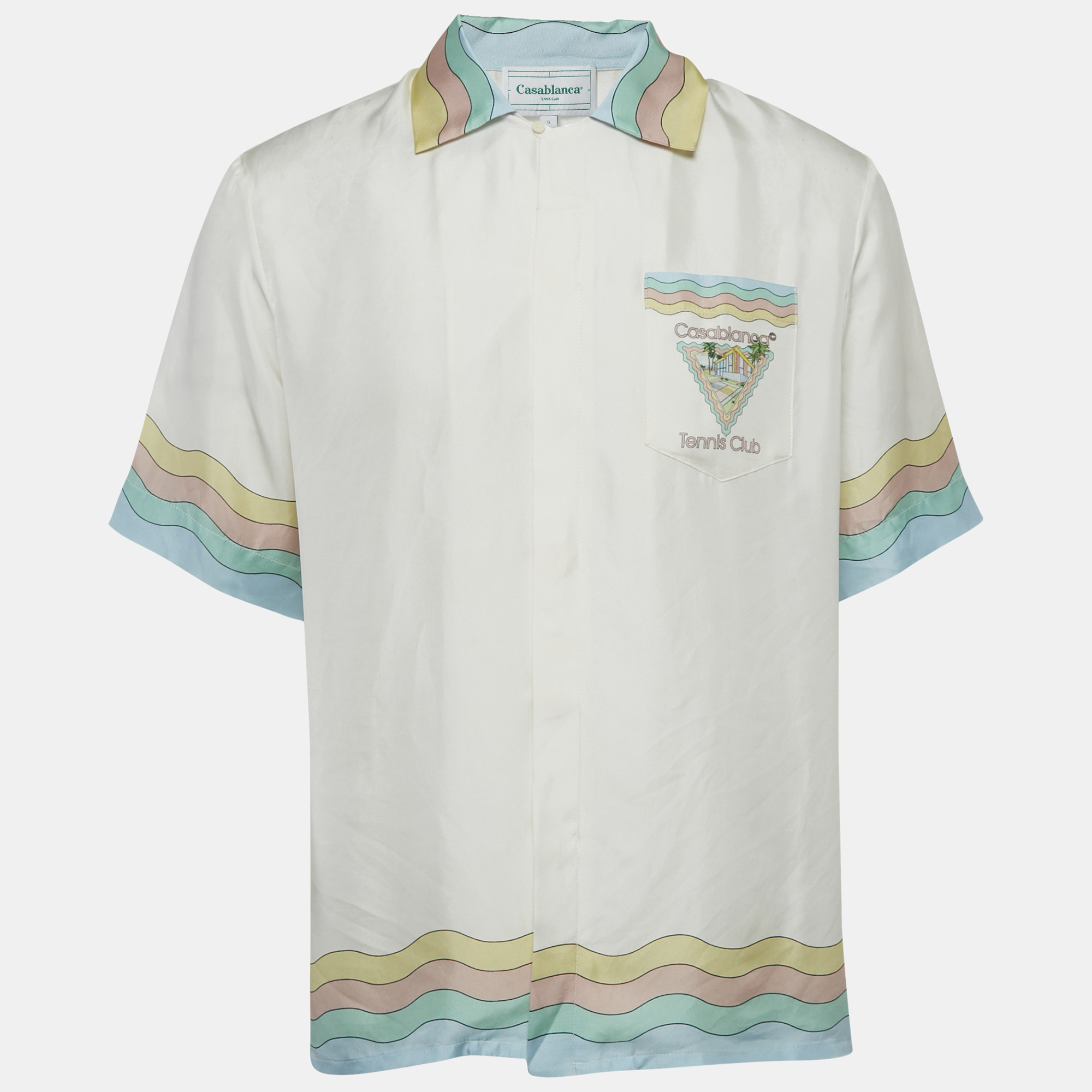 Casablanca Tennis Club White Printed Silk Cuban Short Sleeve S