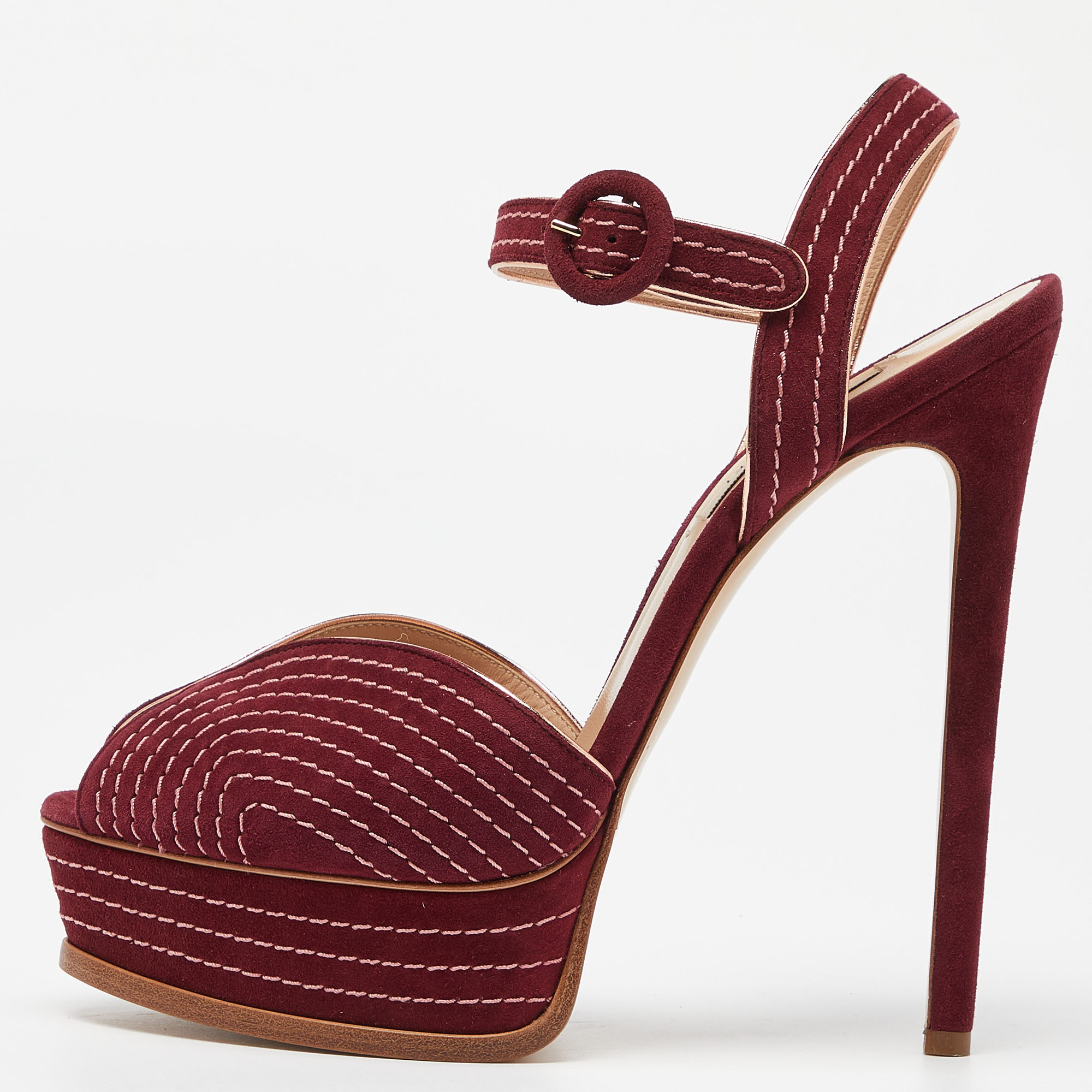 

Casadei Burgundy Suede Stitch Detail Platform Sandals Size