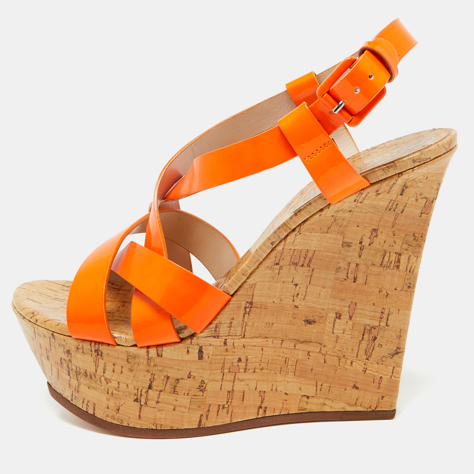 

Casadei Neon Orange Patent Leather Cork Platform Wedge Sandals Size 38