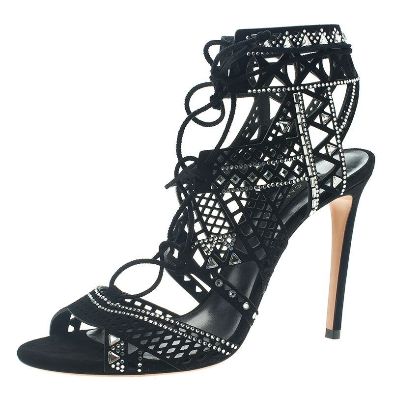 Buy Casadei Black Suede Crystal Embellished Strappy Sandals Heeled sandals Women Casadei Silver | Shoes Women Casadei
