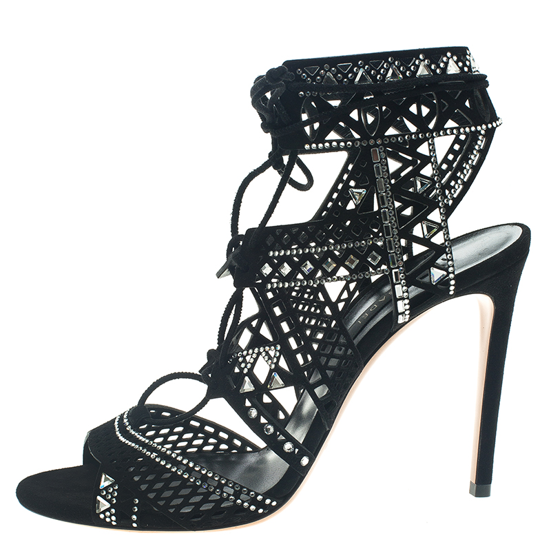 

Casadei Black Suede Crystal Embellished Strappy Sandals Size