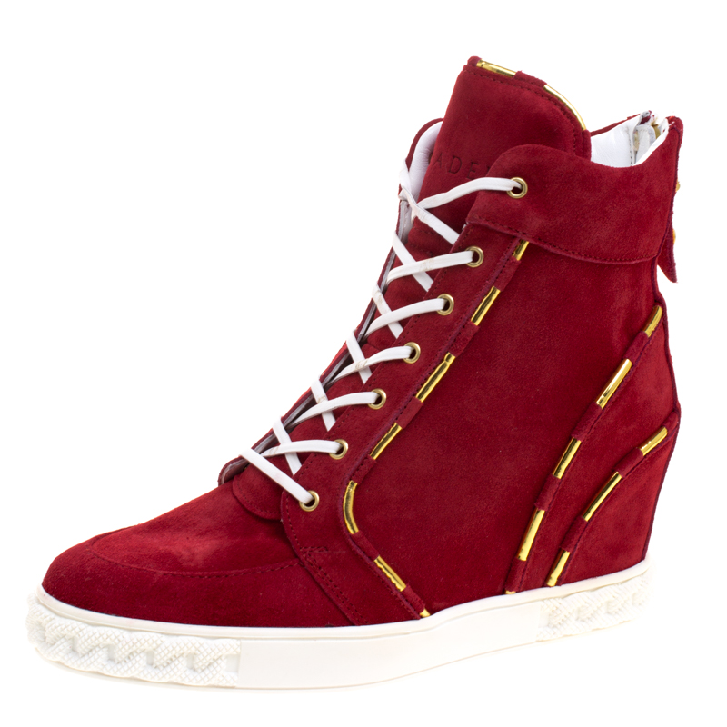 Pre Owned Casadei Red Suede High Top Wedge Sneakers Size 37