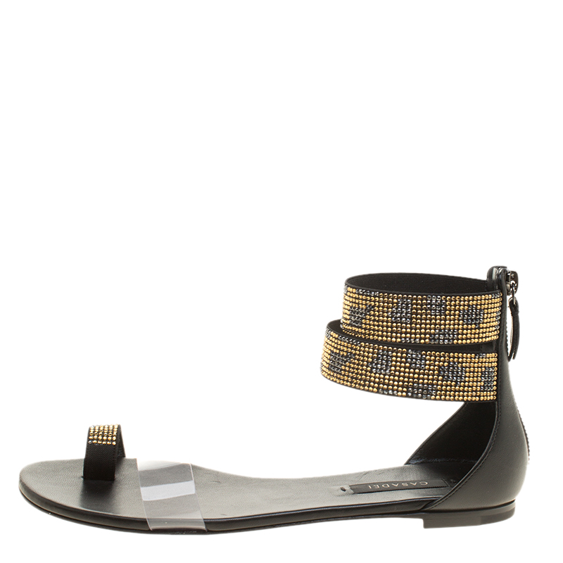 

Casadei Two Tone Crystal Embellished Ankle Cuff and PVC Vinil Flat Sandals Size, Black