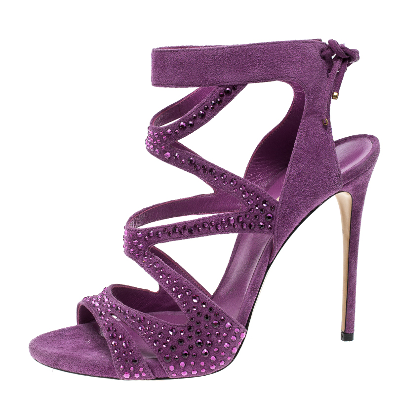 

Casadei Purple Crystal Embellished Suede Cut Out Peep Toe Sandals Size