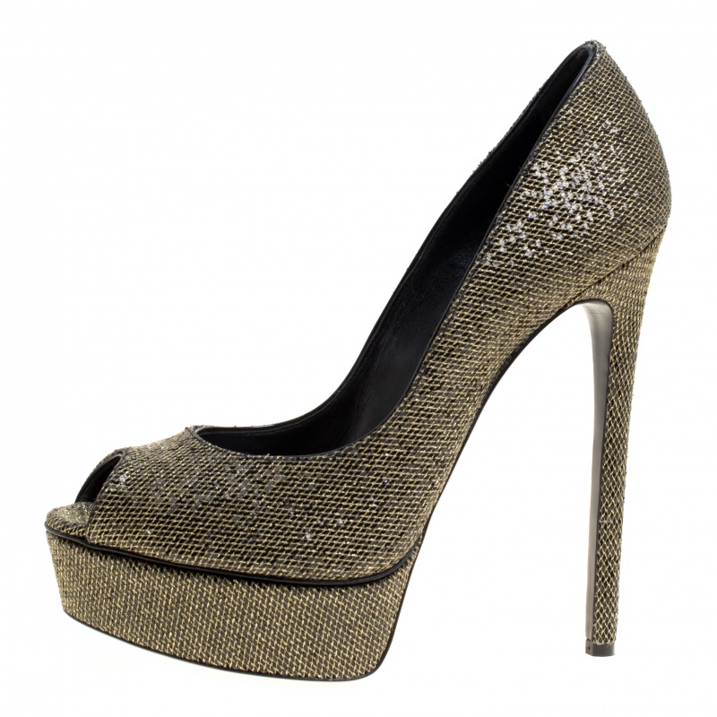 

Casadei Glitter Lamé Fabric Daisy Peep Toe Platform Pumps Size, Metallic