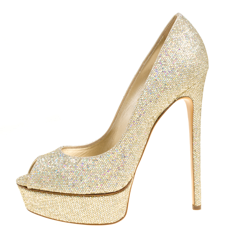 

Casadei Gold Glitter Lamé Fabric Daisy Peep Toe Platform Pumps Size