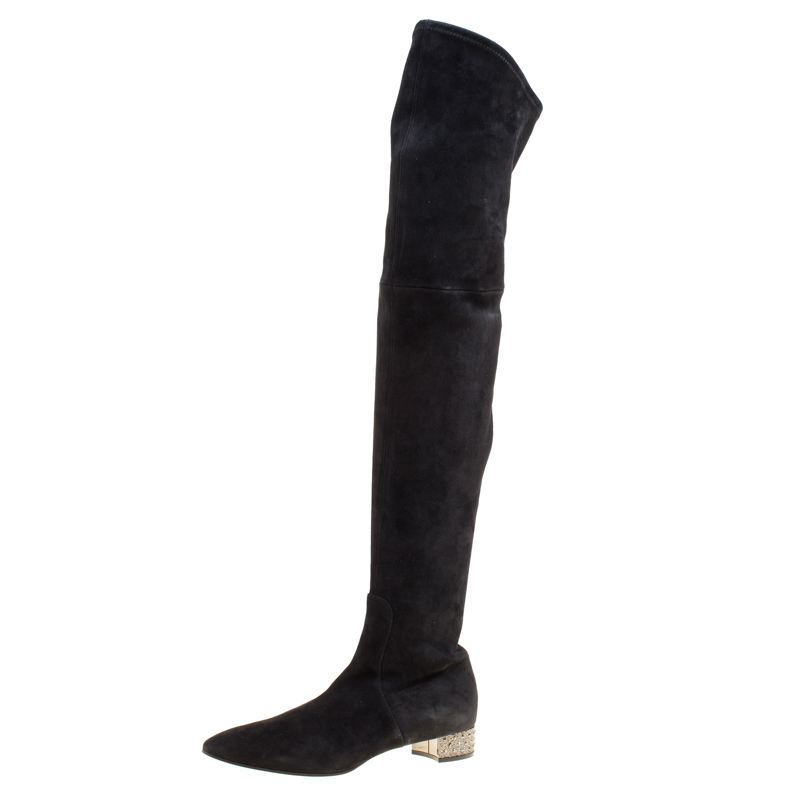 Pre Owned Casadei Black Suede Crystal Embellished Heel Over The Knee Boots Size 38.5