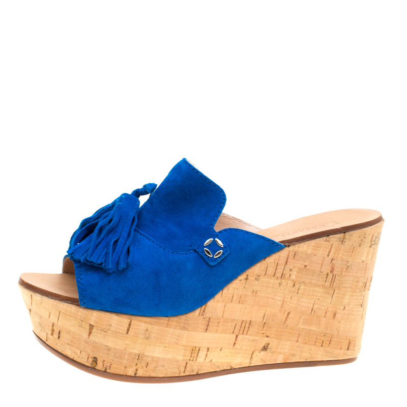 

Casadei Blue Suede Tassel Peep Toe Cork Platform Wedge Slides Size