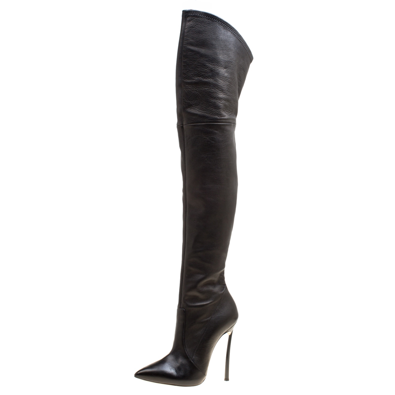 Pre Owned Casadei Black Leather Blade Over The Knee Pointed Toe Boots Size 37