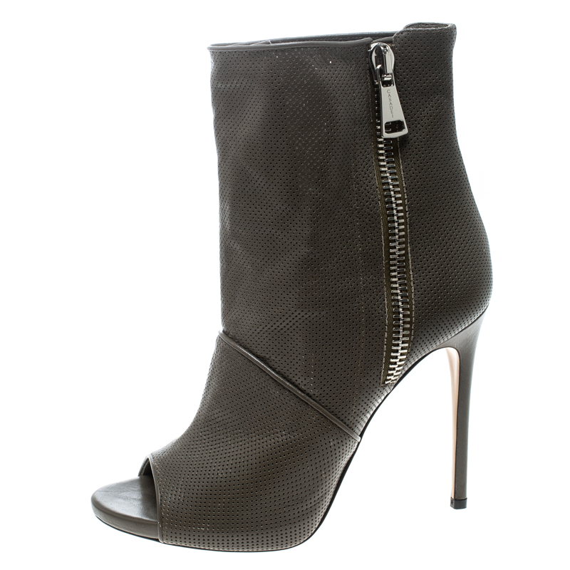 

Casadei Olive Green Perforated Leather Double Zipper Peep Toe Ankle Boots Size