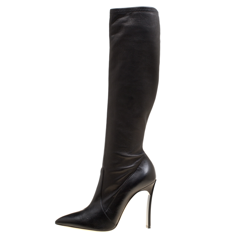 

Casadei Black Leather Pointed Toe Knee Length Boots Size