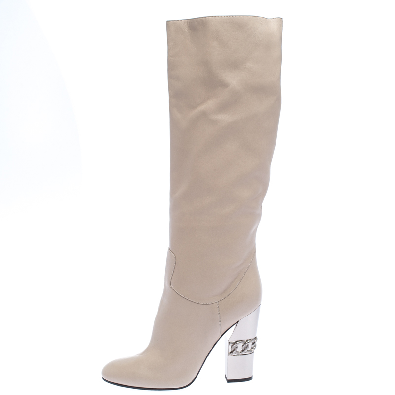 

Casadei Beige Leather Chain Motif Metal Block Heel Knee High Boots Size