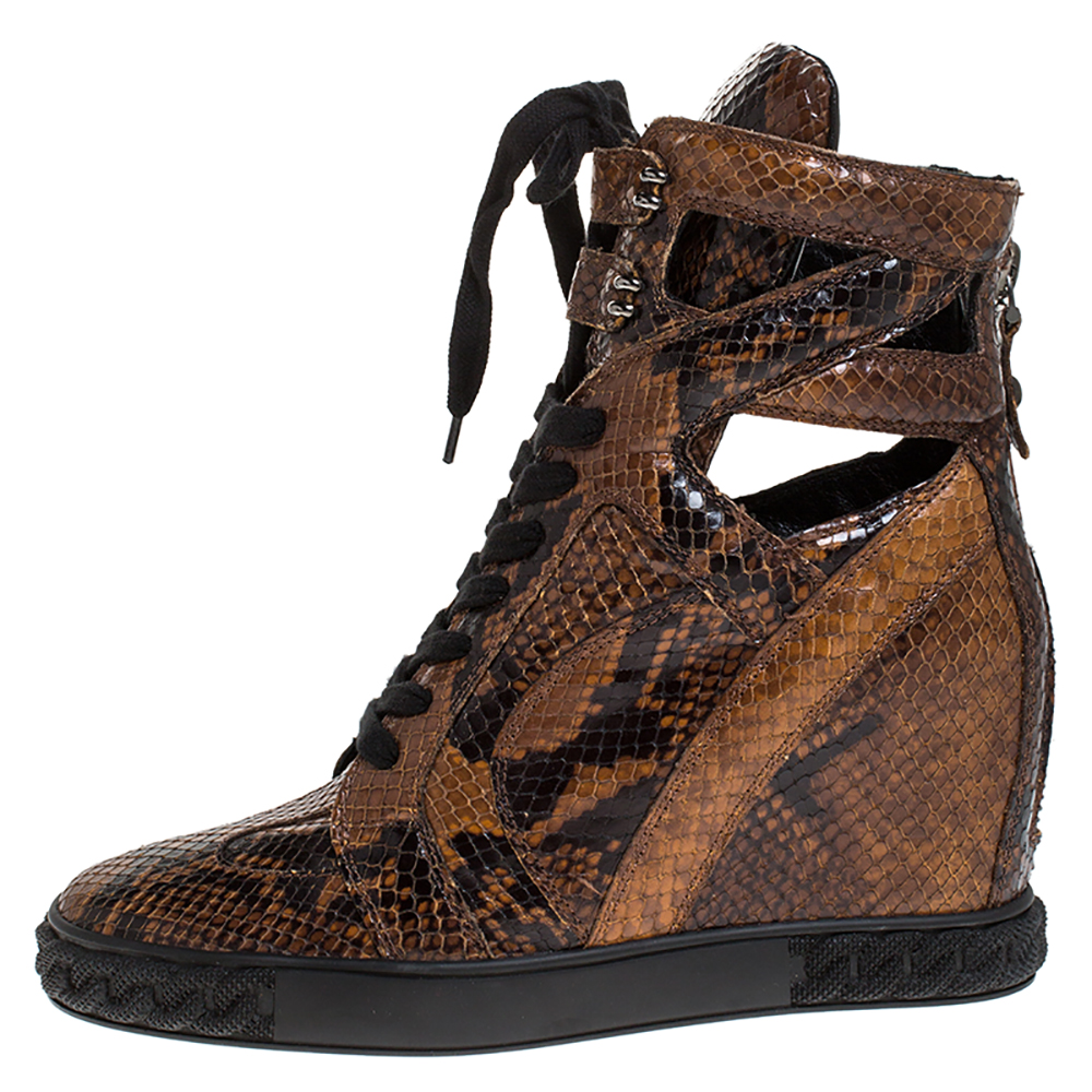 

Casadei Brown/Black Python Embossed Leather Wedge Cut Out Chain Motif Buckle Ankle Boots Size